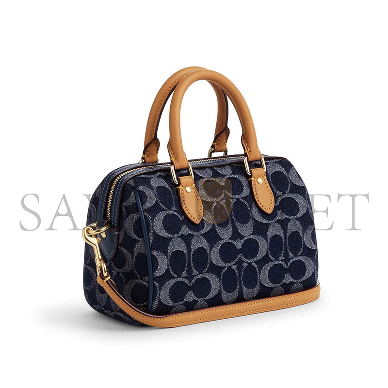 C0a*h mini rowan crossbody bag in signature denim with cherry charm cy742 (18*12*10cm)